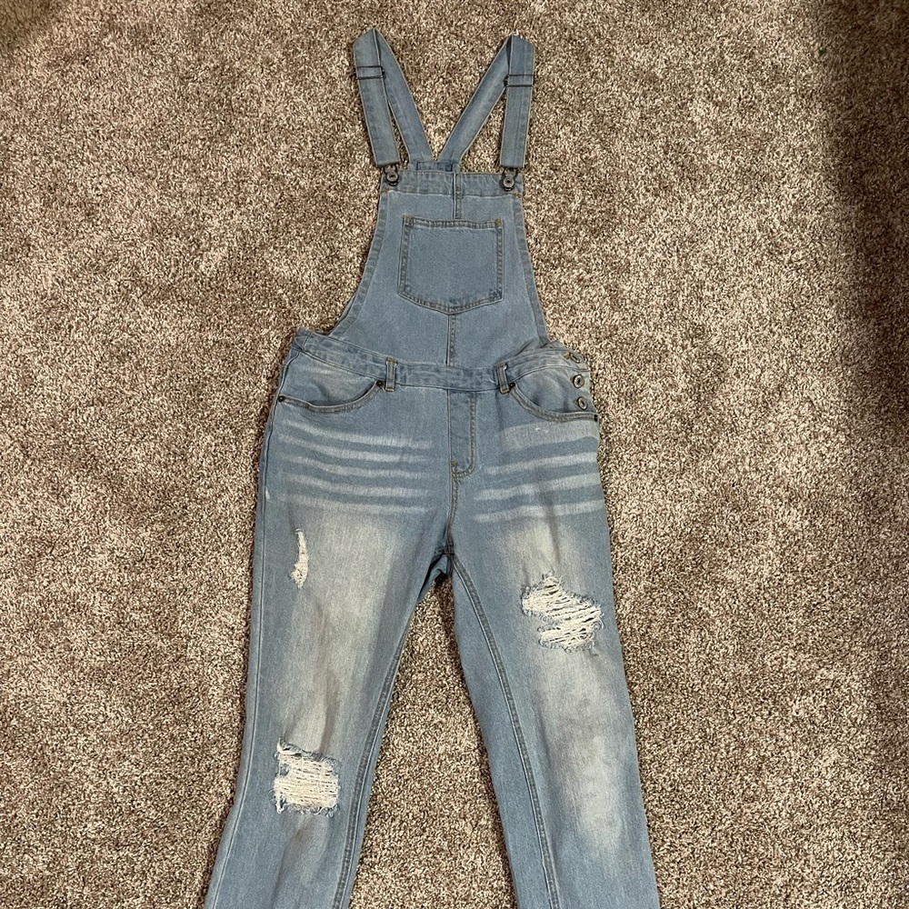 Skinny Ripped Light Jean Overalls
